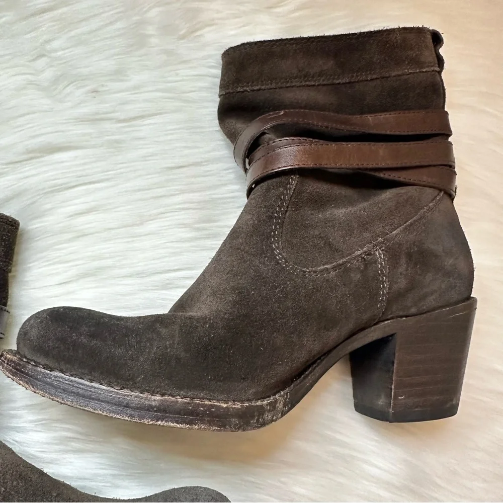 Frye Jane Strappy Oiled Suede Leather Heeled Short Boot Brown Women Size 5 1/2